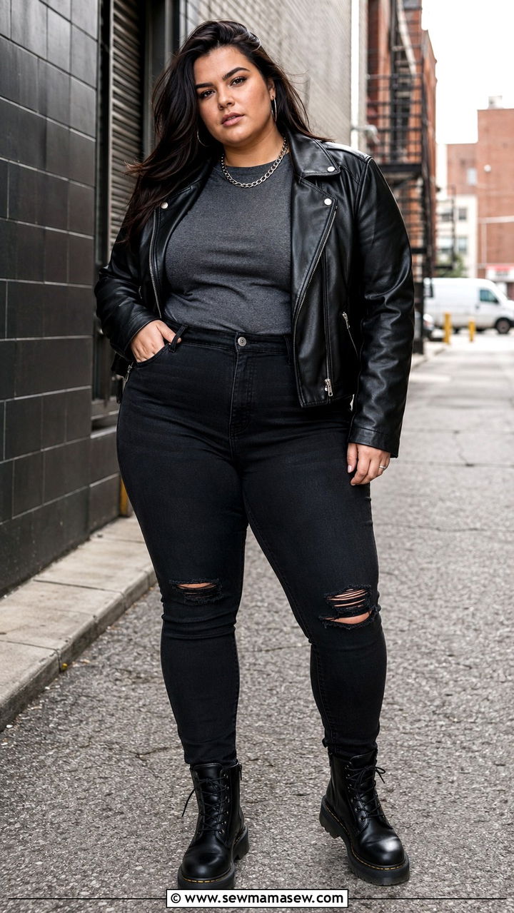 Plus size ripped jeans with leather jacket and combat boots - 30 Plus size outfit ideas with jeans