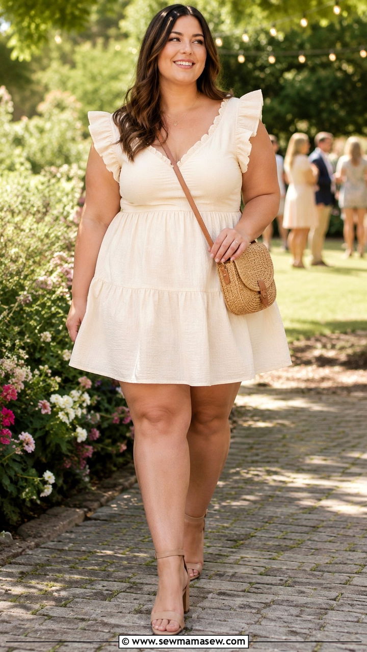 Plus size ruffle sleeve dress with block heels - 30 plus size bridal shower outfit ideas