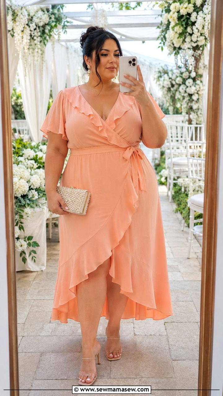 Plus size ruffle wrap dress and heeled sandals - 30 Plus size wedding guest outfits summer