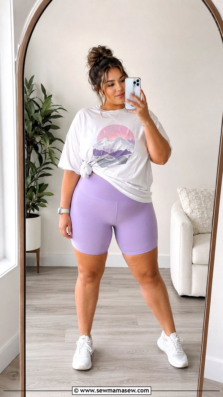 Plus size running outfit with bike shorts and oversized graphic tee - 30 Running outfit ideas plus size