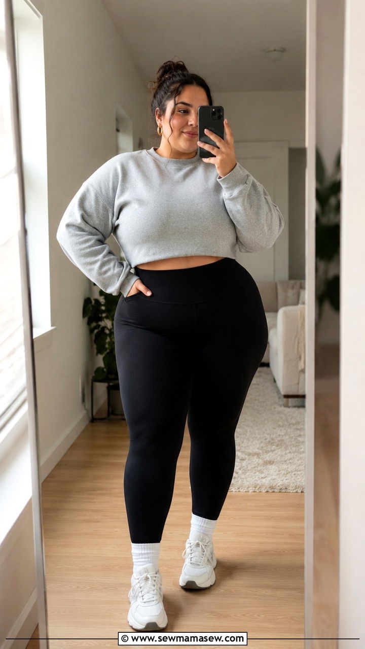 Plus size running outfit with cropped sweatshirt and high waist leggings - 30 Running outfit ideas plus size