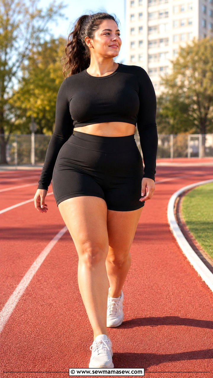 Plus size running outfit with long sleeve crop top and shorts - 30 Running outfit ideas plus size