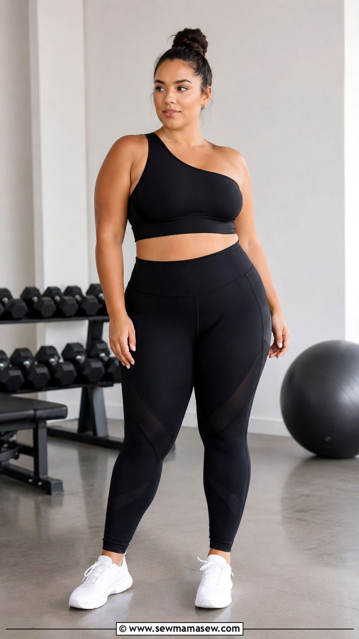 Plus size running outfit with one shoulder sports bra and leggings - 30 Running outfit ideas plus size