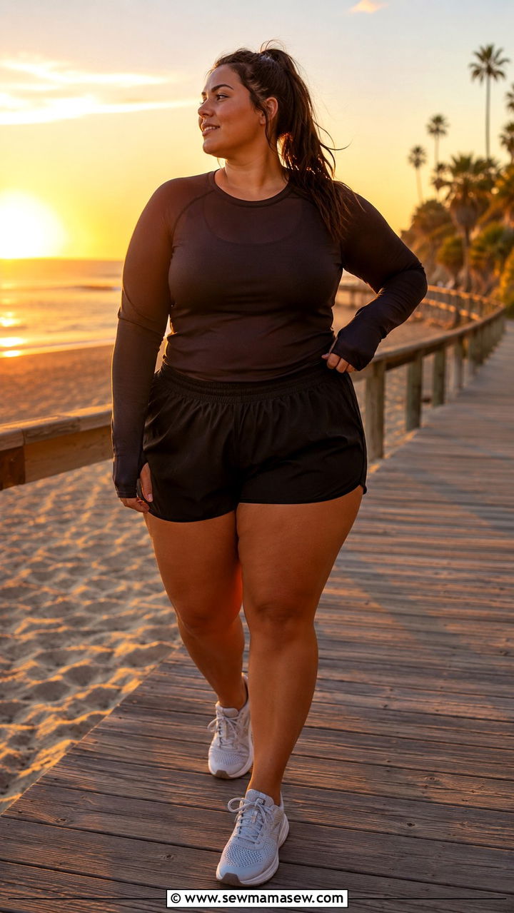 Plus size running outfit with shorts and long sleeve top for cool summer evenings - 30 Running outfit ideas plus size