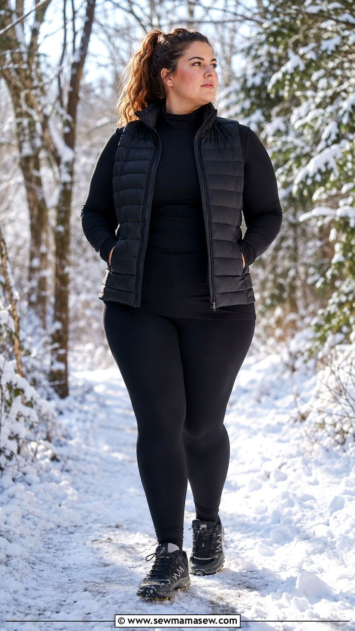 Plus size running outfit with thermal tights and puffer vest - 30 Running outfit ideas plus size
