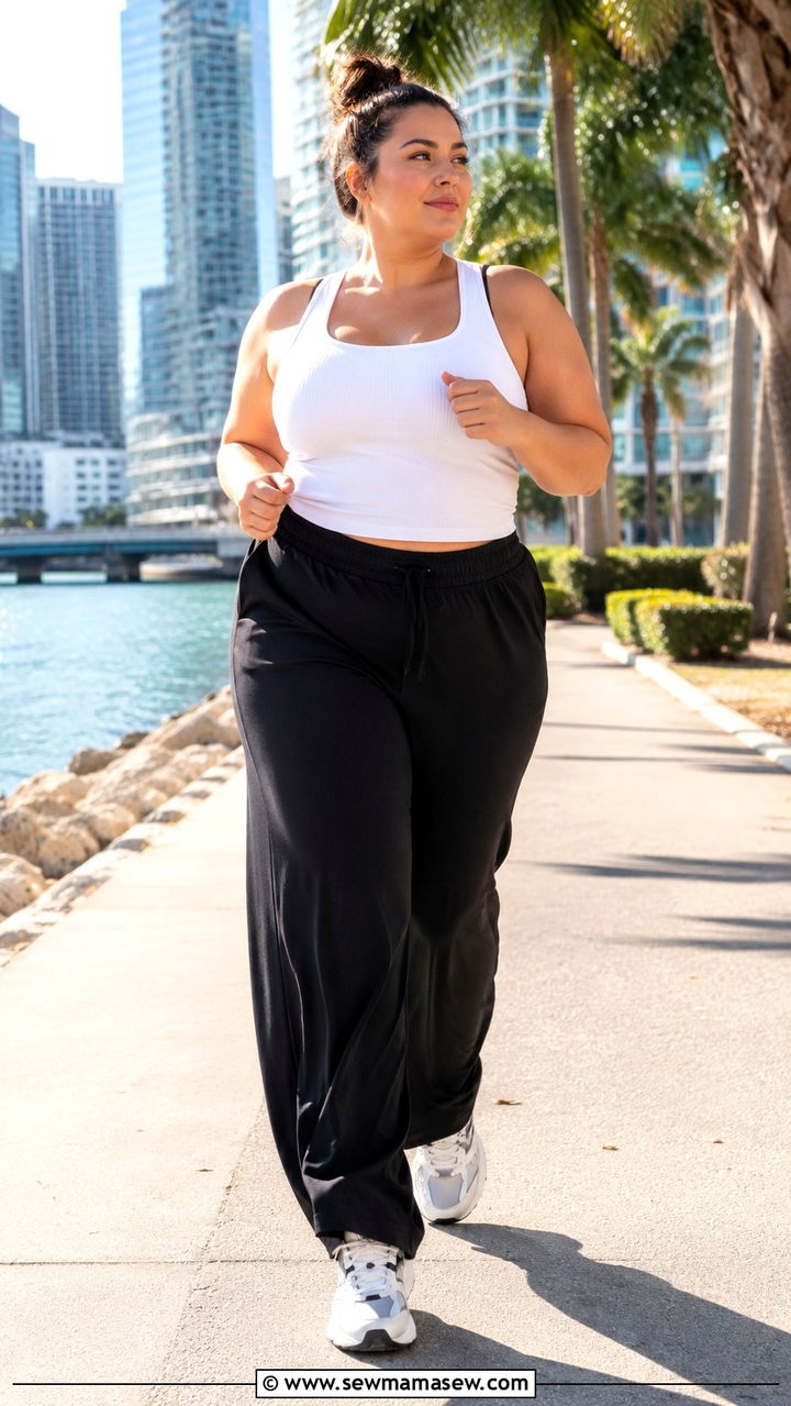Plus size running outfit with wide leg track pants - 30 Running outfit ideas plus size