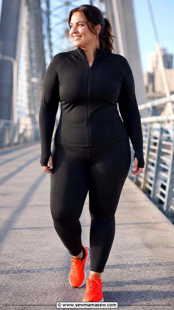Plus size running outfit with zip up jacket and leggings - 30 Running outfit ideas plus size