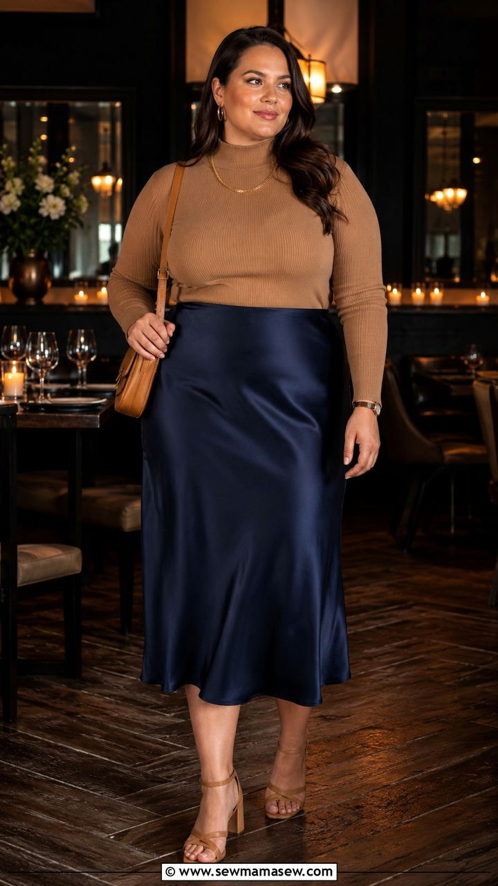 Plus size satin midi skirt with ribbed mock neck - 30 Plus size outfit ideas with skirts
