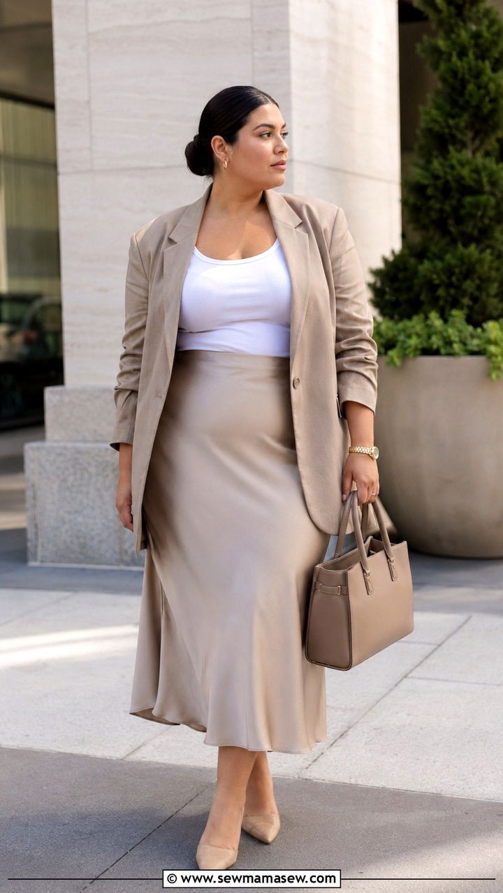 Plus size satin slip skirt with oversized blazer - 30 Plus size outfit ideas with skirts