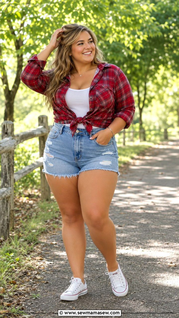 Plus size senior photo outfit with flannel and denim shorts - 30 Senior photo outfit ideas plus size
