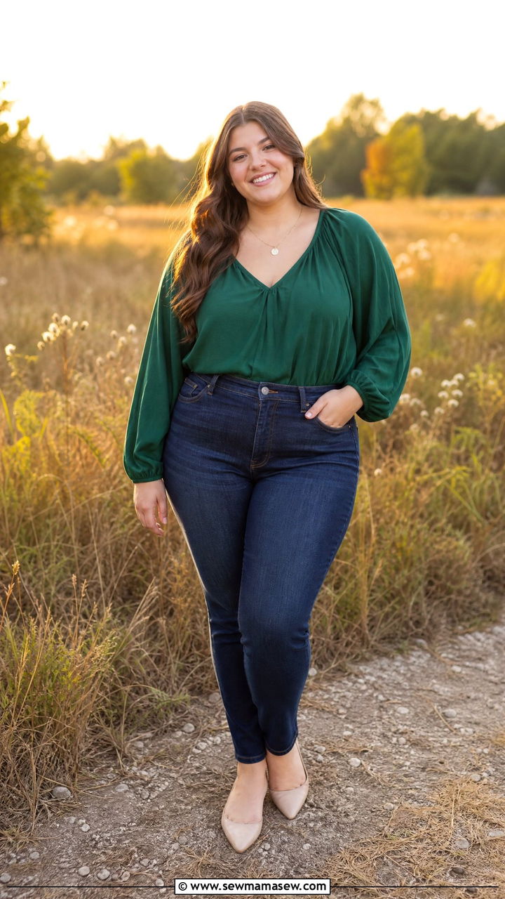 Plus size senior photo outfit with high waisted jeans and flowy blouse - 30 Senior photo outfit ideas plus size