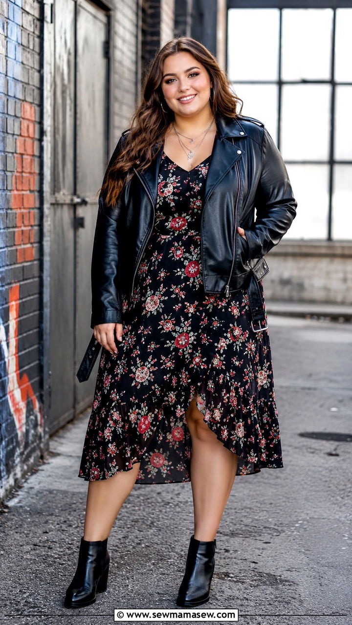 Plus size senior photo outfit with leather jacket and dress - 30 Senior photo outfit ideas plus size