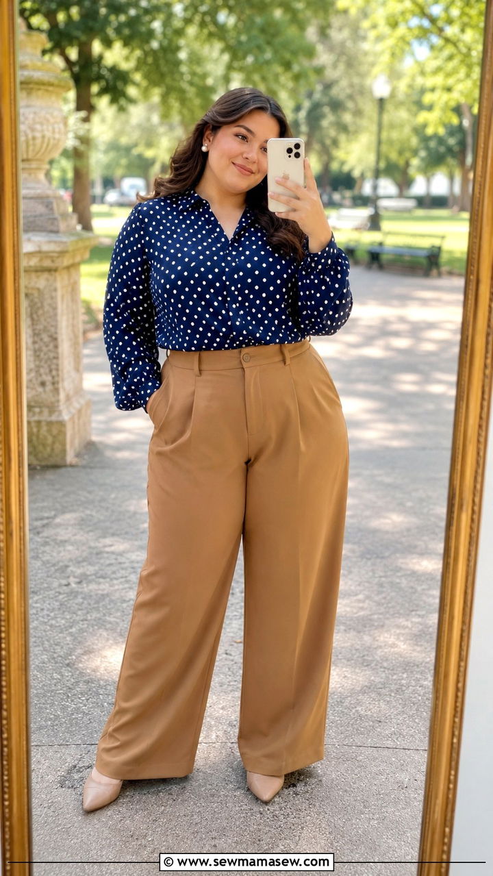 Plus size senior photo outfit with polka dot blouse and trousers - 30 Senior photo outfit ideas plus size