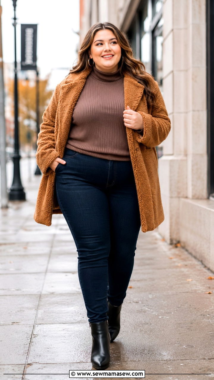 Plus size senior photo outfit with teddy coat and sweater - 30 Senior photo outfit ideas plus size