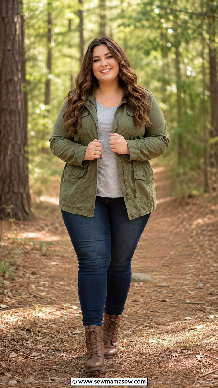 Plus size senior photo outfit with utility jacket and skinny jeans - 30 Senior photo outfit ideas plus size