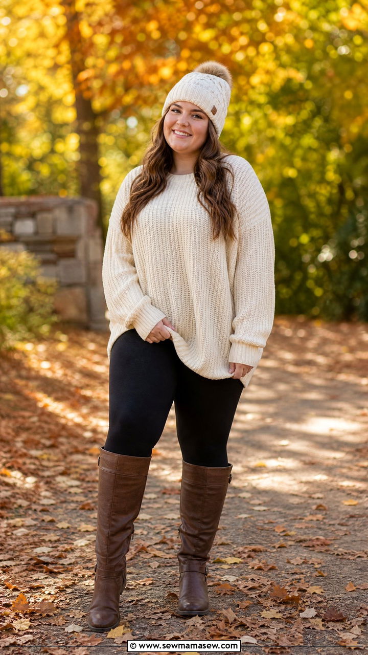 Plus size senior photos outfit with chunky sweater and leggings - 30 Senior photo outfit ideas plus size