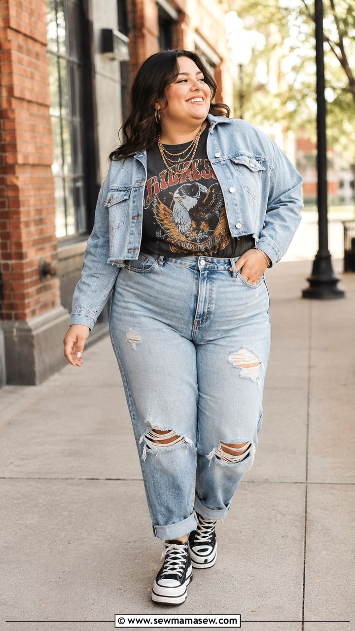Plus size senior photos outfit with graphic tee and layered accessories - 30 Senior photo outfit ideas plus size