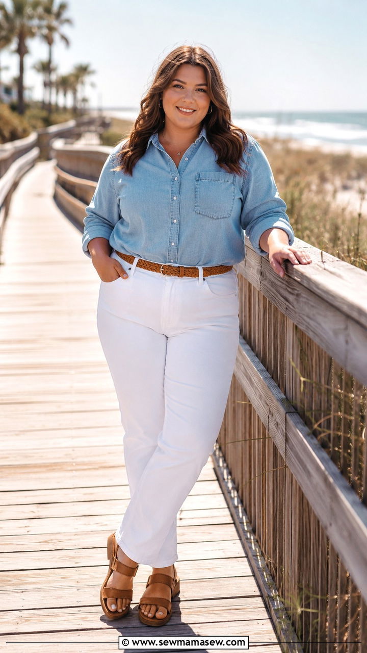 Plus size senior picture outfit with chambray shirt and white jeans - 30 Senior photo outfit ideas plus size