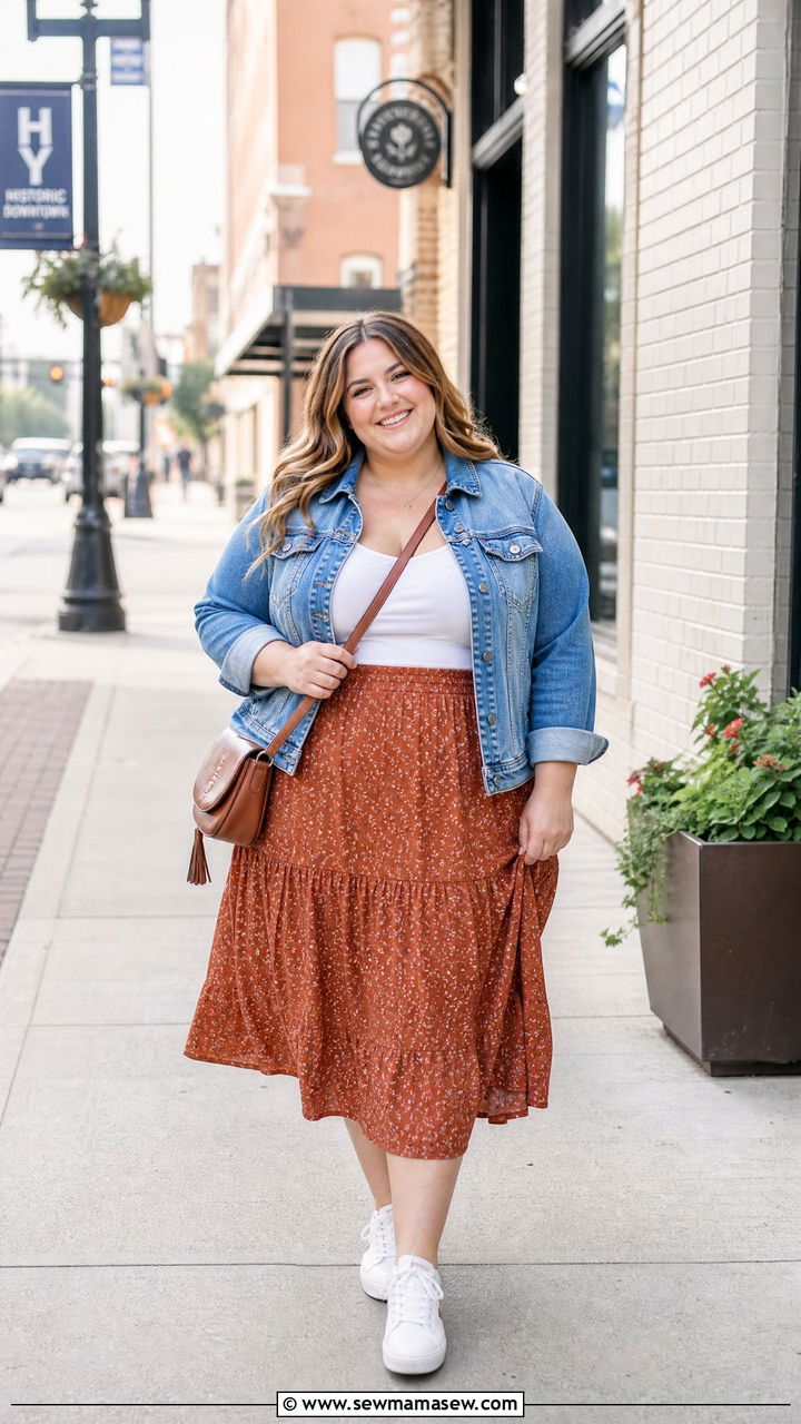 Plus size senior picture outfit with denim jacket and midi skirt - 30 Senior photo outfit ideas plus size