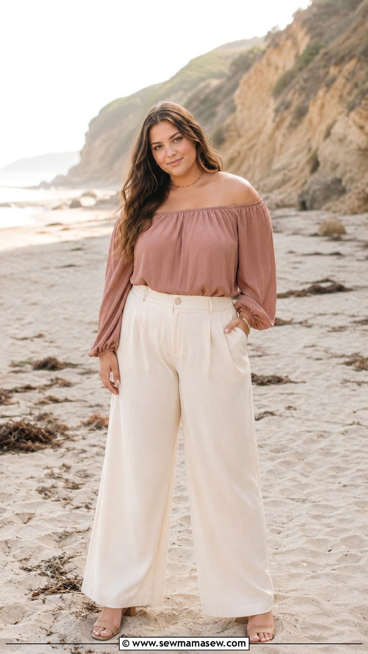 Plus size senior picture outfit with off shoulder top and wide leg pants - 30 Senior photo outfit ideas plus size