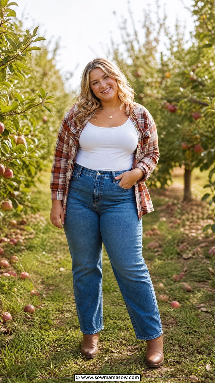 Plus size senior picture outfit with plaid shirt and jeans - 30 Senior photo outfit ideas plus size
