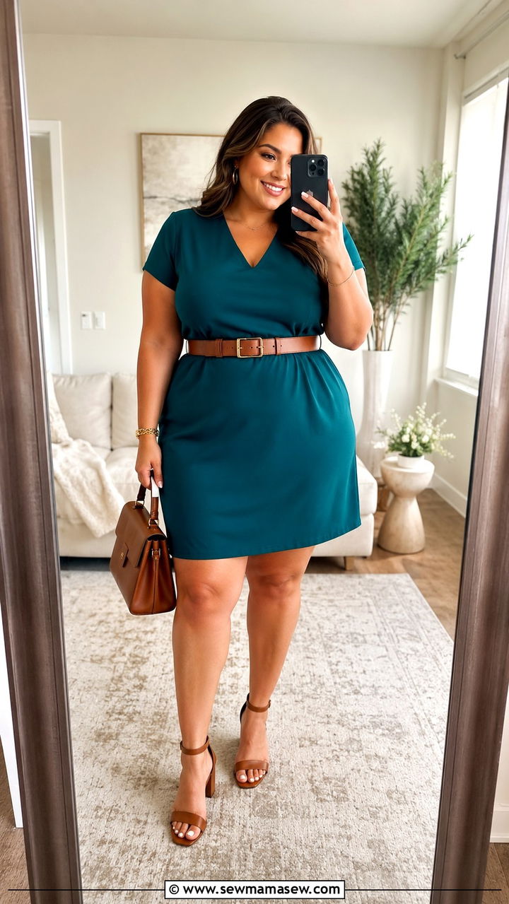 Plus size shift dress with belt and block heels - 25 Shift dress outfit ideas with a belt