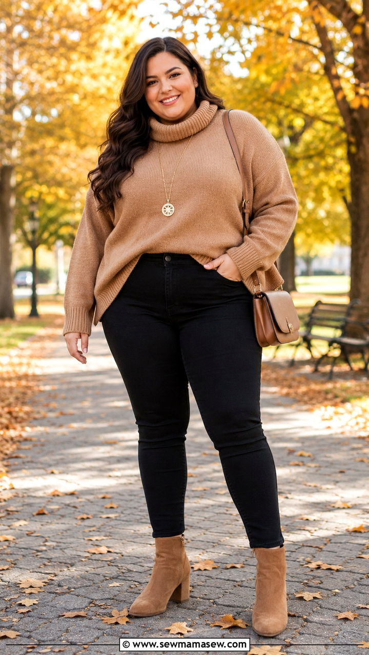 Plus size skinny jeans with oversized sweater and ankle boots - 30 Plus size outfit ideas with jeans