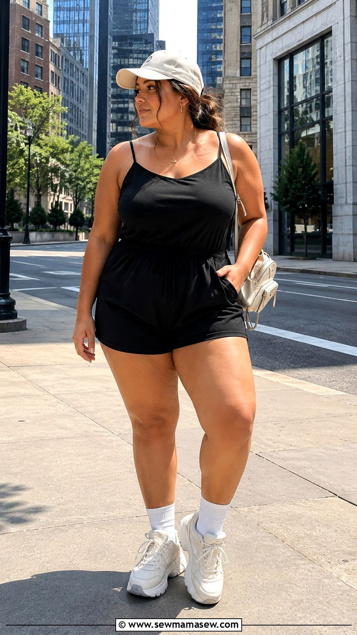 Plus size spaghetti strap romper with chunky sneakers - 25 Romper outfit ideas plus size