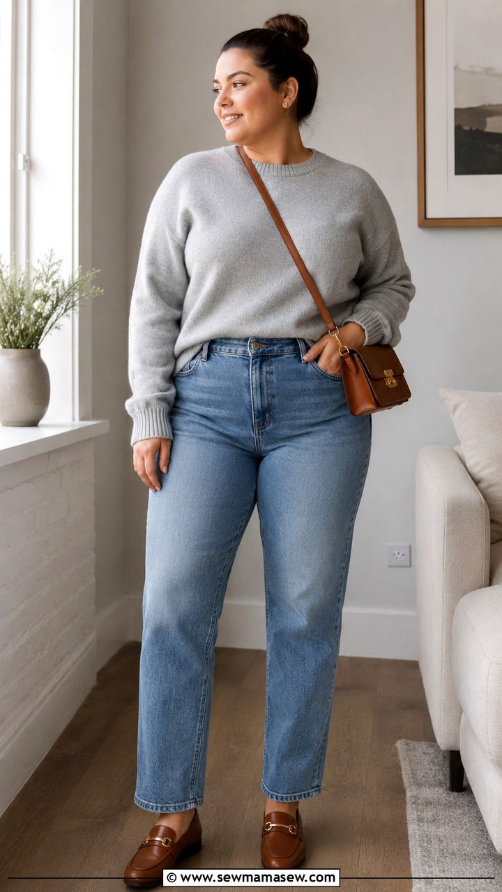 Plus size straight leg jeans with cashmere sweater and loafers - 30 Plus size outfit ideas with jeans