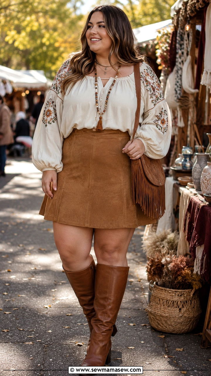 Plus size suede a line skirt with peasant blouse - 30 Plus size outfit ideas with skirts