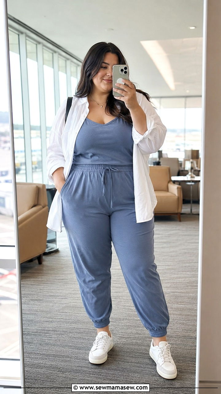 Plus size tencel jogger set with button down layer - 30 Plus size outfit ideas for airport
