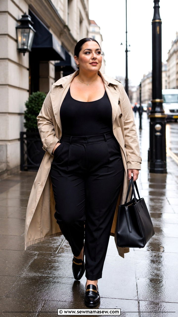 Plus size trench coat and trousers outfit size 14 - 20 Plus size outfit ideas size 14