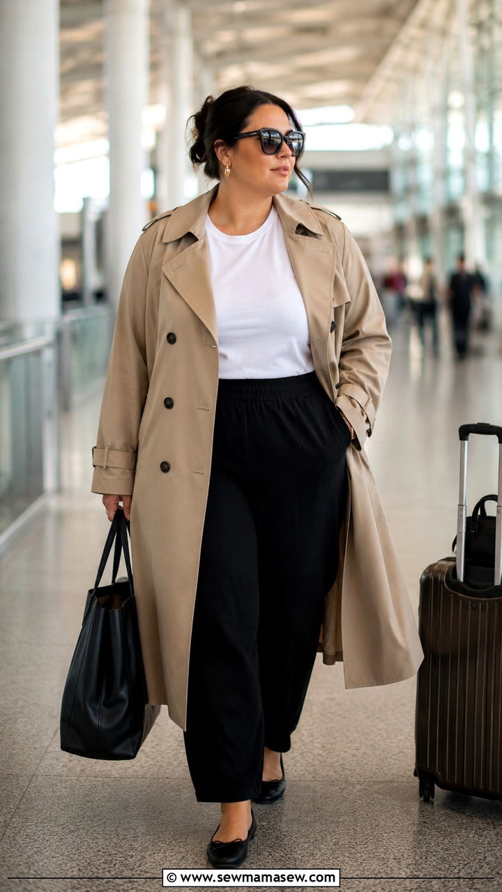 Plus size trench coat over simple base outfit - 30 Plus size outfit ideas for airport