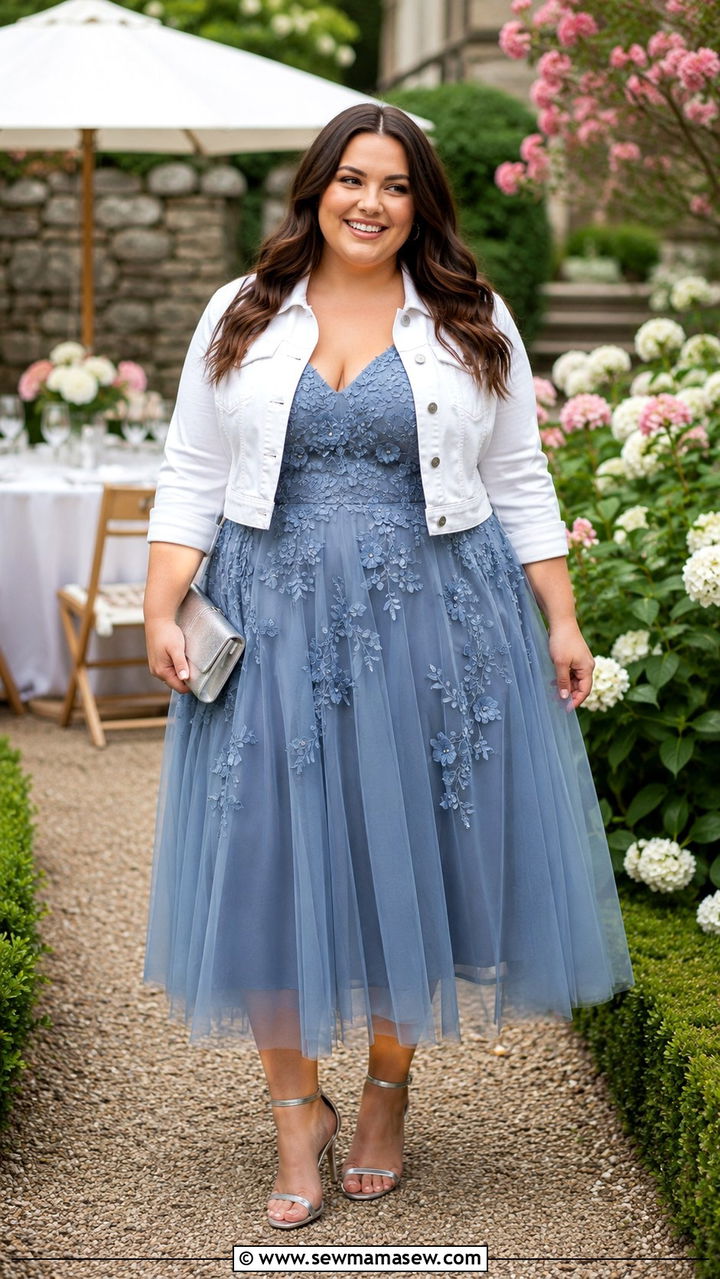 Plus size tulle midi dress with metallic heels - 30 plus size bridal shower outfit ideas