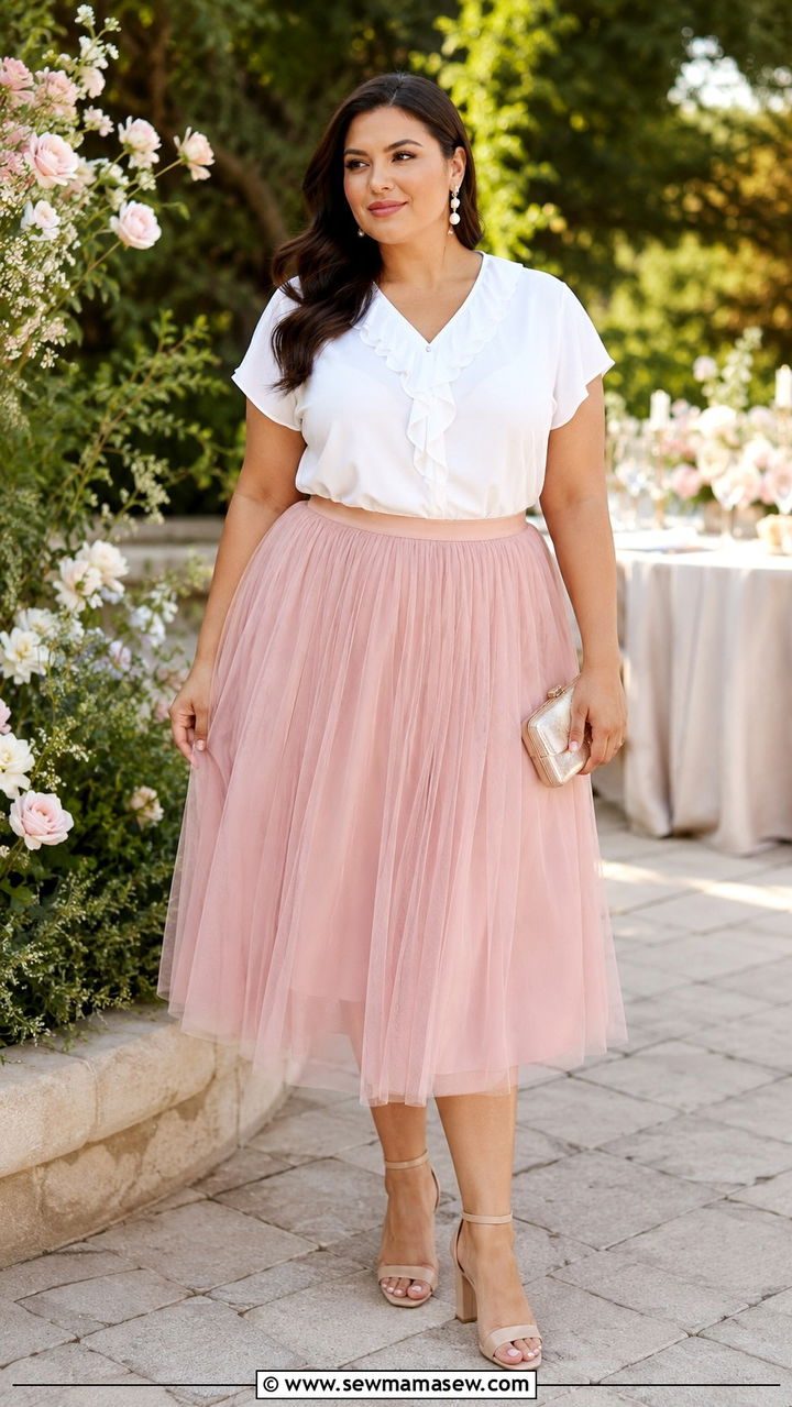 Plus size tulle midi skirt with tucked in blouse - 30 Plus size outfit ideas with skirts