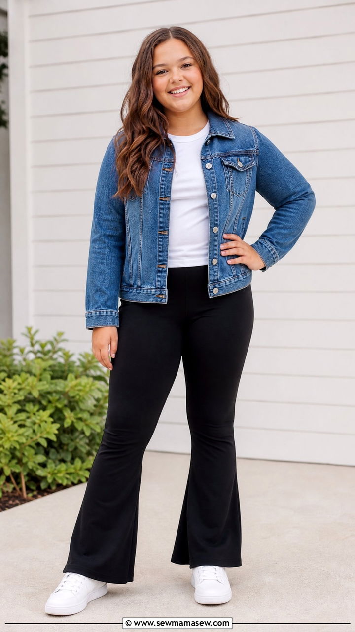 Plus size tween denim jacket and flare leggings - 25 Tween outfit ideas plus size