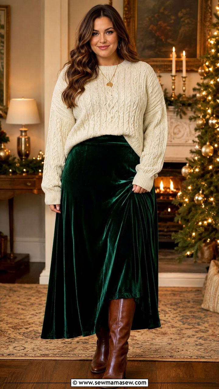 Plus size velvet maxi skirt with cable knit sweater - 30 Plus size outfit ideas with skirts