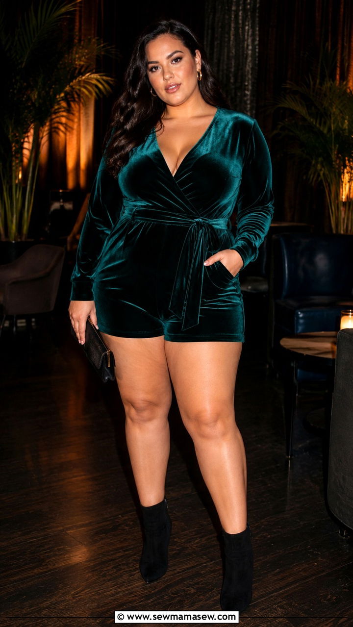 Plus size velvet romper with ankle boots - 25 Romper outfit ideas plus size