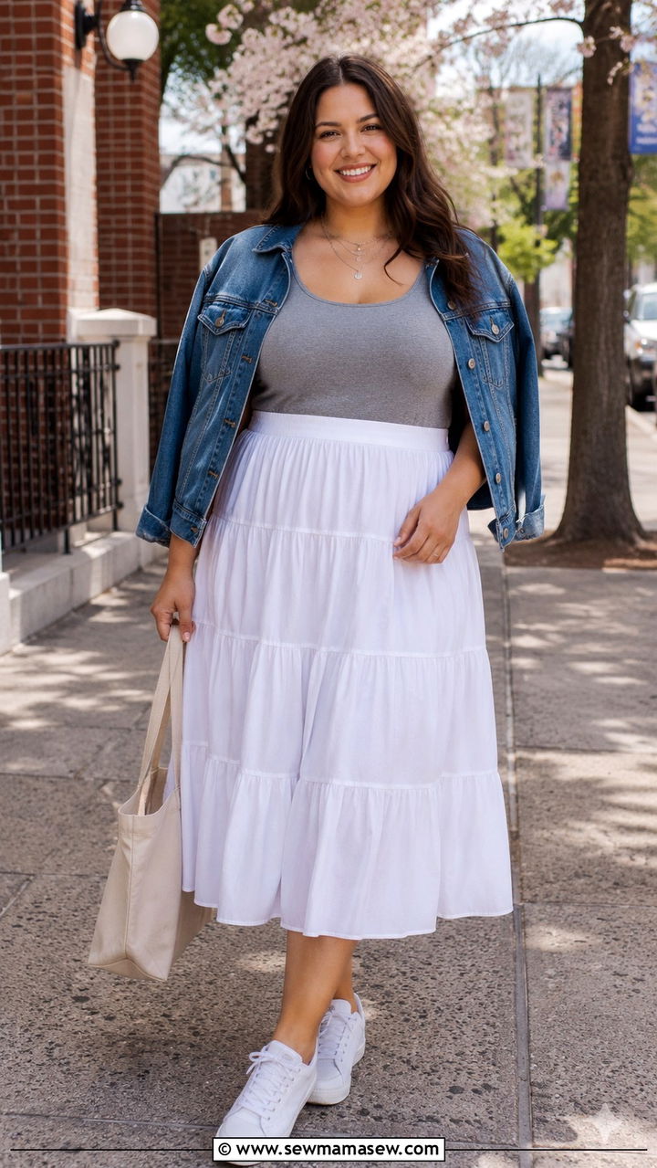 Plus size white tiered midi skirt with denim jacket - 30 Plus size outfit ideas with skirts