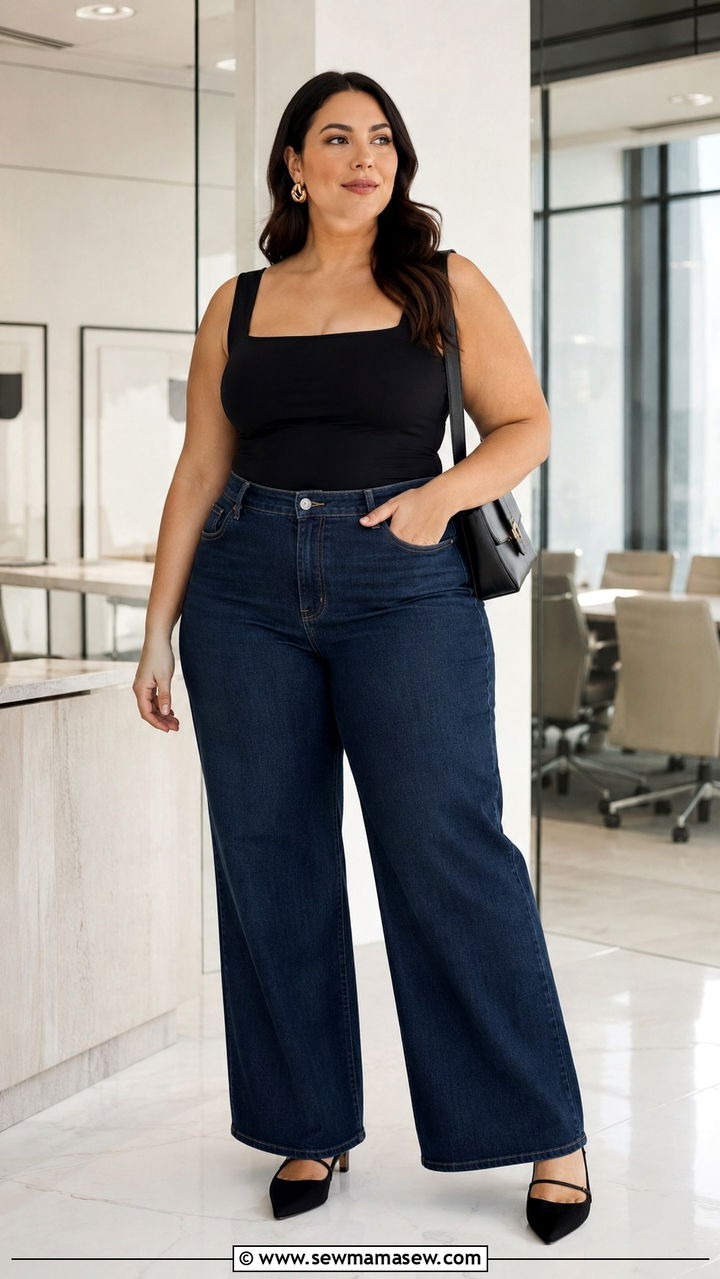 Plus size wide leg jeans with bodysuit and pointed toe flats - 30 Plus size outfit ideas with jeans