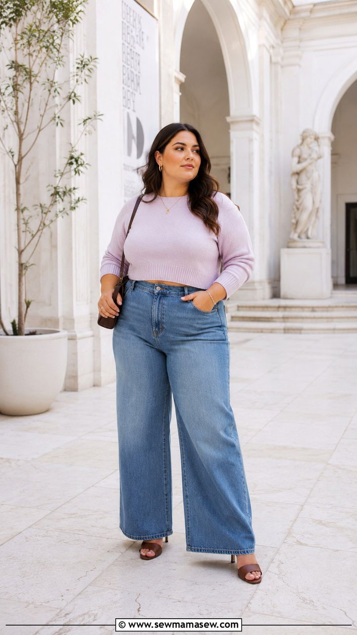 Plus size wide leg jeans with cropped sweater and mules - 30 Plus size outfit ideas with jeans