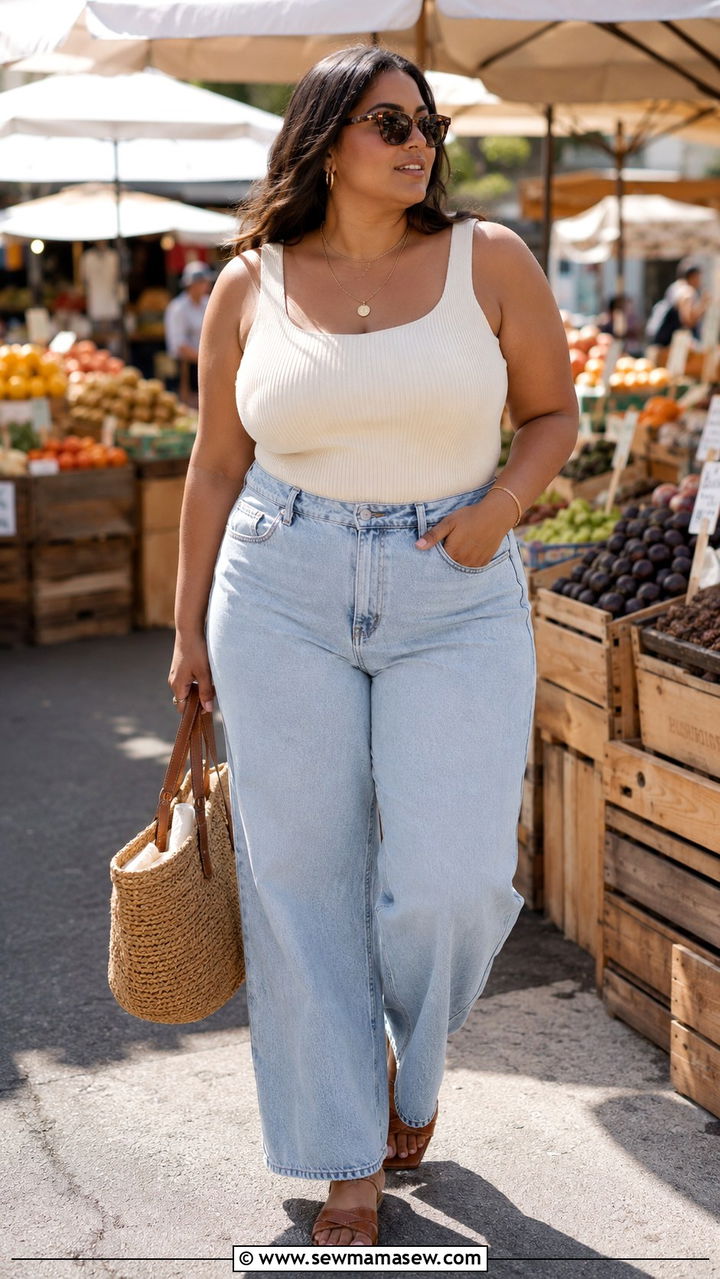 Plus size wide leg jeans with fitted tank and sandals - 30 Plus size outfit ideas with jeans