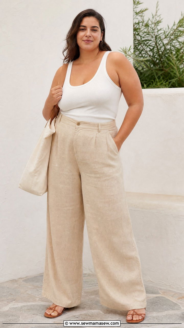 Plus size wide leg linen pants outfit - 30 Summer capsule wardrobe plus size