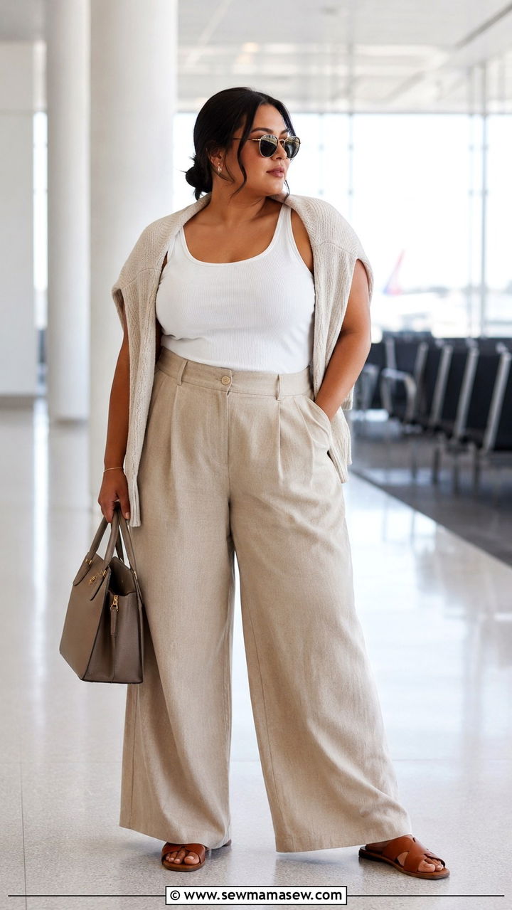 Plus size wide leg pants with fitted tank top - 30 Plus size outfit ideas for airport