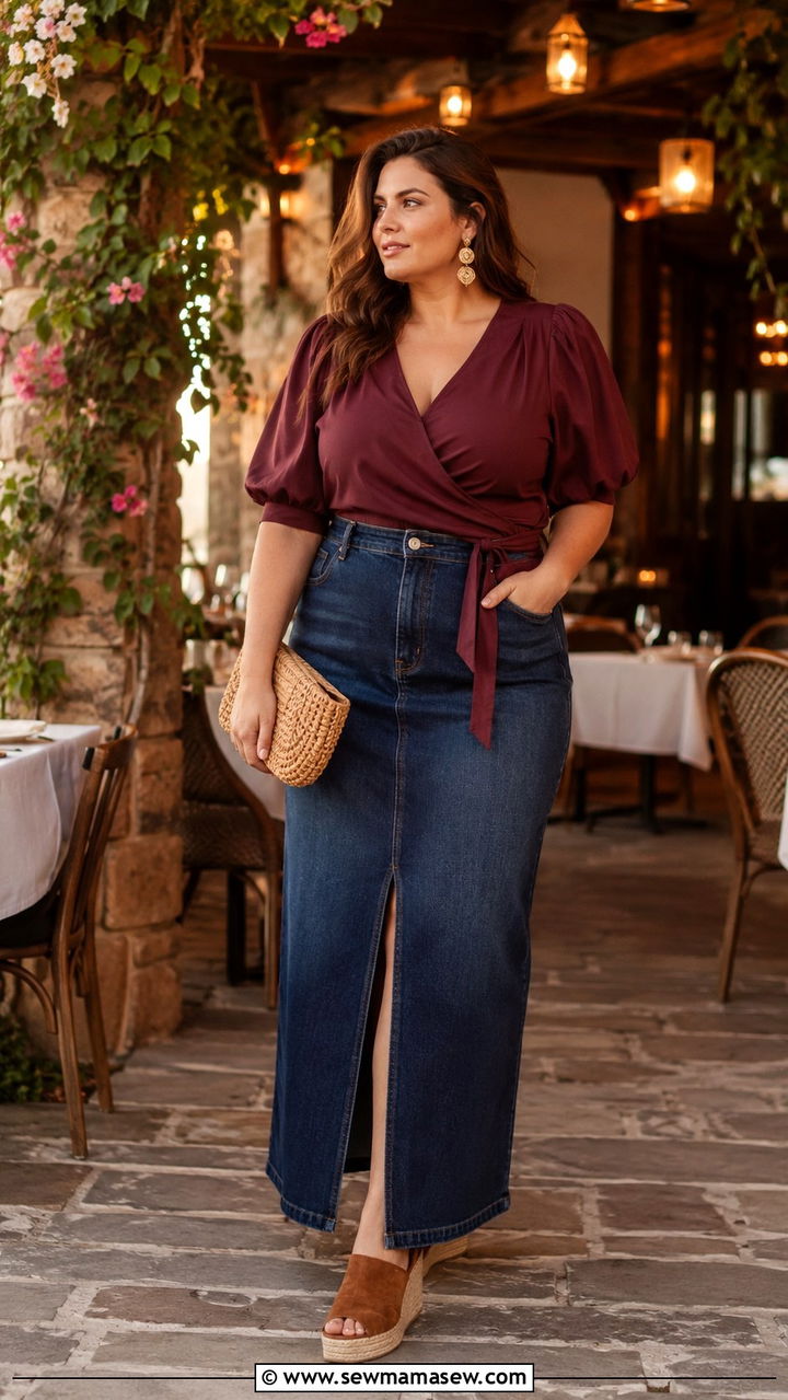 Plus size wrap blouse with high waisted denim maxi skirt - 30 Plus size outfit ideas with skirts