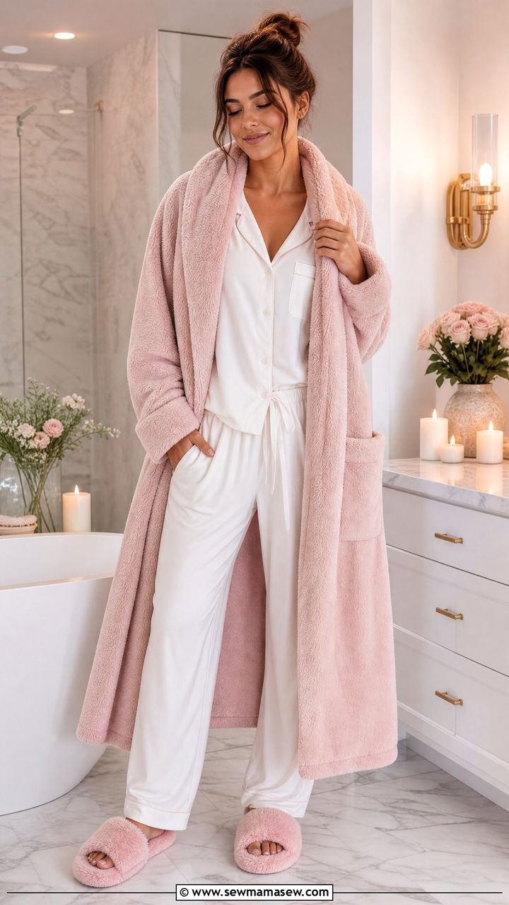 Plush Robe and Pajama Set with Fuzzy Slippers - 30 Fuzzy slippers outfit ideas