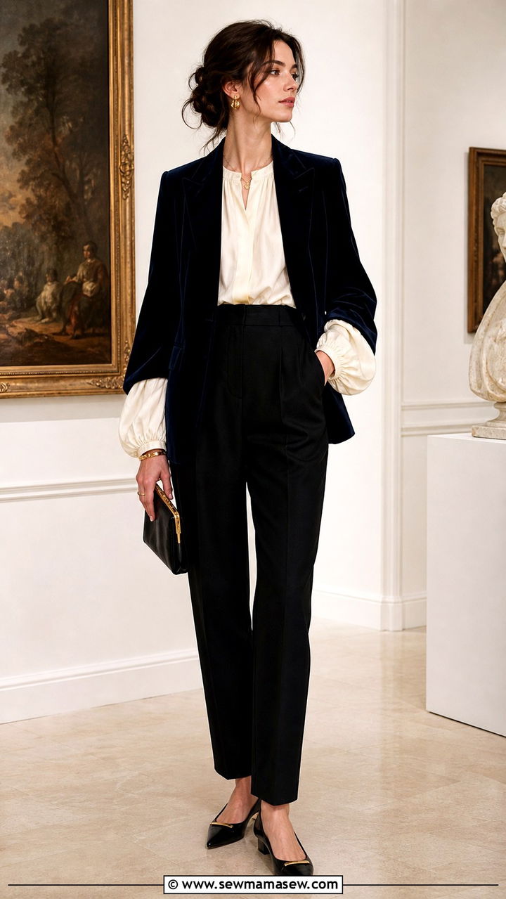 Poet sleeve blouse with velvet blazer and tailored trousers outfit - 40 light academia outfits