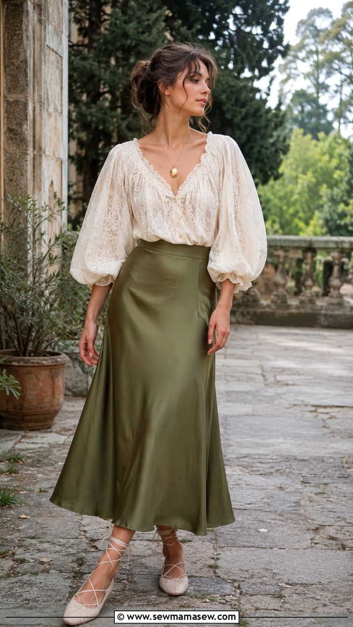 Poetically Voluminous Blouse With Satin Midi Skirt - 30 Pinterest outfits to copy