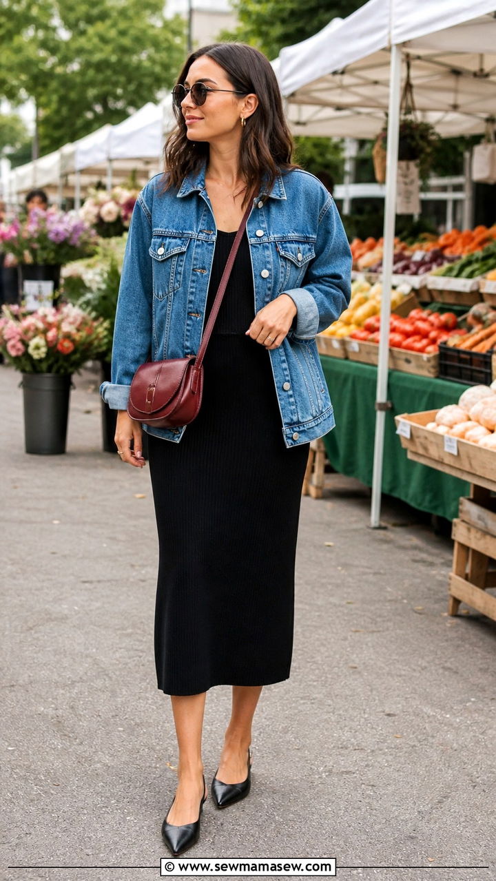 Pointed Toe Flat Outfit With A Denim Jacket Over A Dress - 40 Pointed toe flat outfit ideas