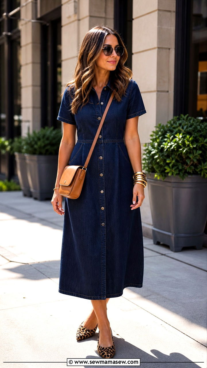 Pointed Toe Flat Outfit With A Denim Midi Dress - 40 Pointed toe flat outfit ideas